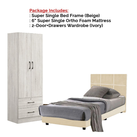 Image of Toluca Bedroom Set Series 1 Includes Wardrobe/Bed Frame/Mattress In Single And Super Single Size.Free Installation