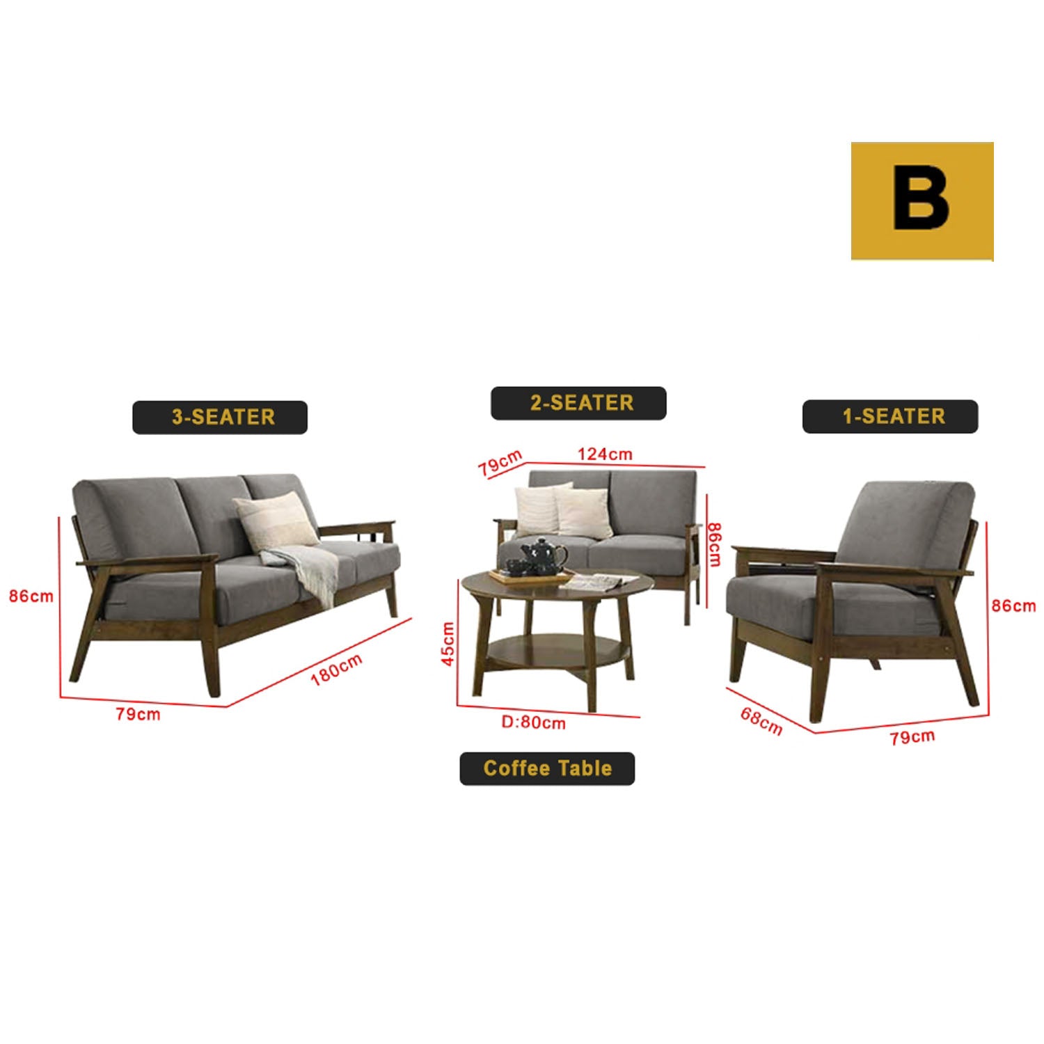 Frida Series 1,2,3 Seater Sofa Set Solid Wood Living Room Furnitures in Grey