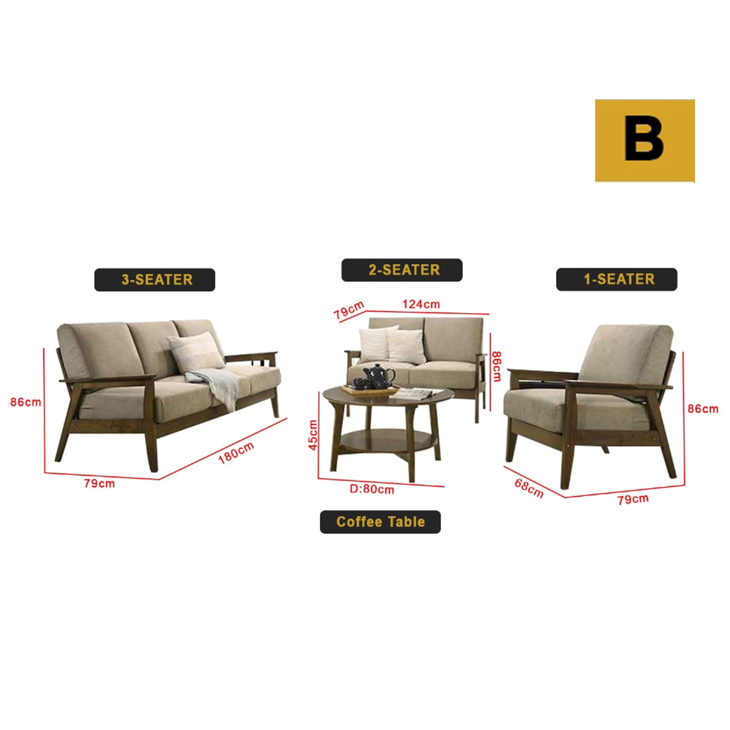 Frida Series 1,2,3 Seater Sofa Set Solid Wood Living Room Furnitures in Light Brown