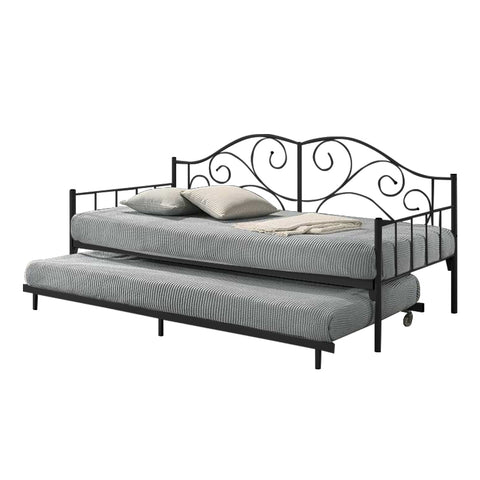 Image of Ferro Metal Daybed Bed Frame with Pull-Out in Black or White Colour - w/ Mattress Option