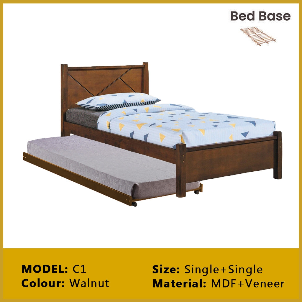Riese Single Pull-Out Bedframe MDF+Veneer Wood Slatted Base