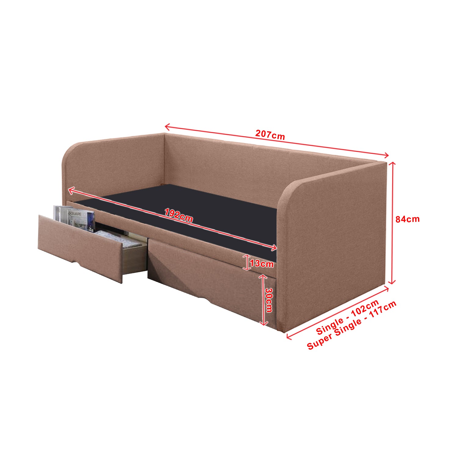Korro Series Model C Daybed with Drawers - Pet-Friendly Option with Mattress - 56 Colours