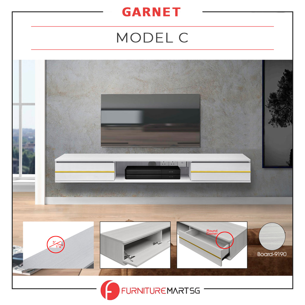 Garnet Series 3 Floating TV Console with Built-in Socket in White Colo ...