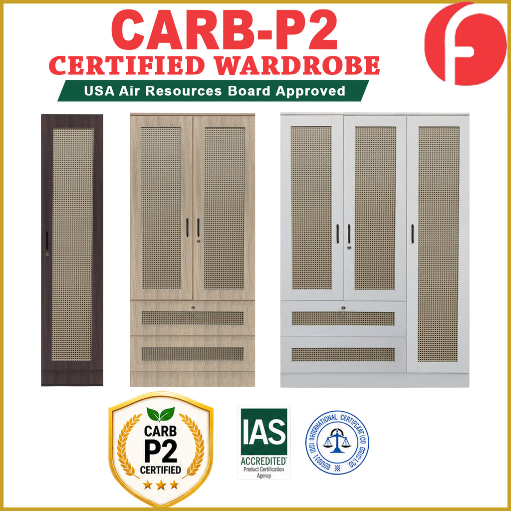 CROSSIA CARB-P2 Certified Board 1-5 Doors Wardrobe Rattan Design with Drawers Top Cabinet