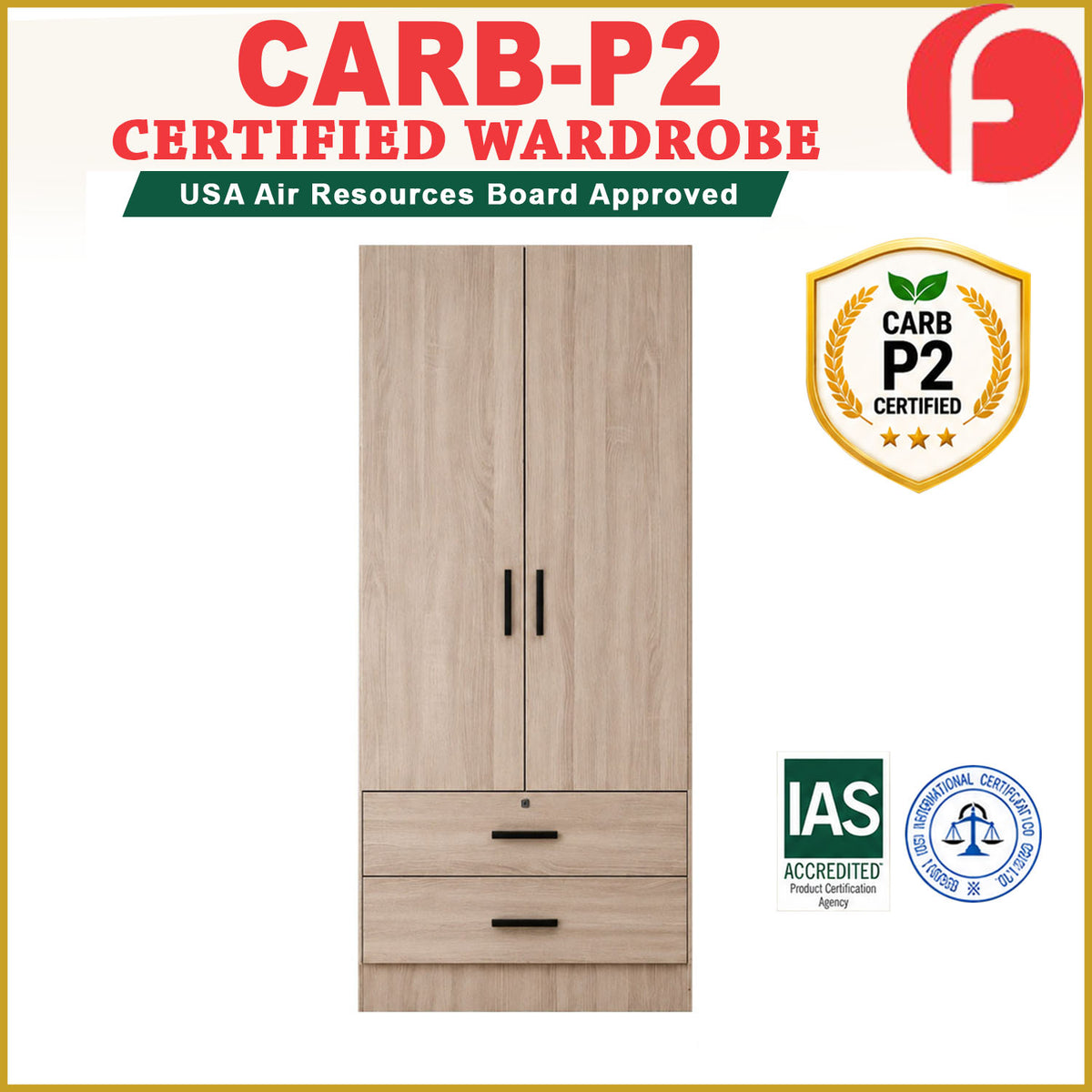 KENNA 2 Open Door CARB-P2 Certified Board Wardrobe With 2 Drawers - Free Installation