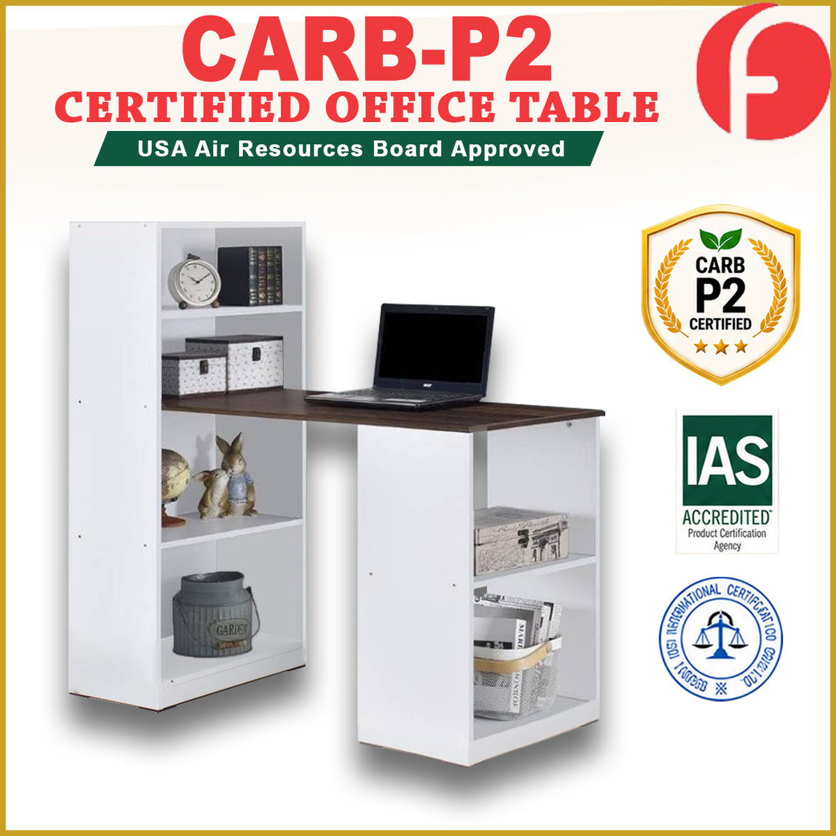 Elias Study Computer Office Table Carb-P2 Certified Board with Shelves Cabinet in 4 Colours