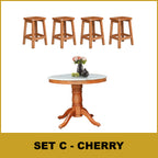 Mateo Dining Set Round Table & Stools 1+4 in Solid Wood Natural Marble Top Cherry/Walnut