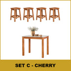 Lucas Dining Set w/ Table and Stools 1+4 in Solid Wood Natural Marble Top Cherry/Walnut