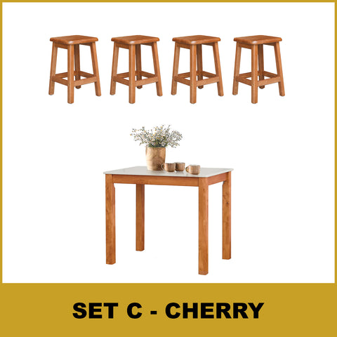 Image of Lucas Dining Set w/ Table and Stools 1+4 in Solid Wood Natural Marble Top Cherry/Walnut