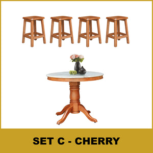 Mateo Dining Set Round Table & Stools 1+4 in Solid Wood Natural Marble Top Cherry/Walnut