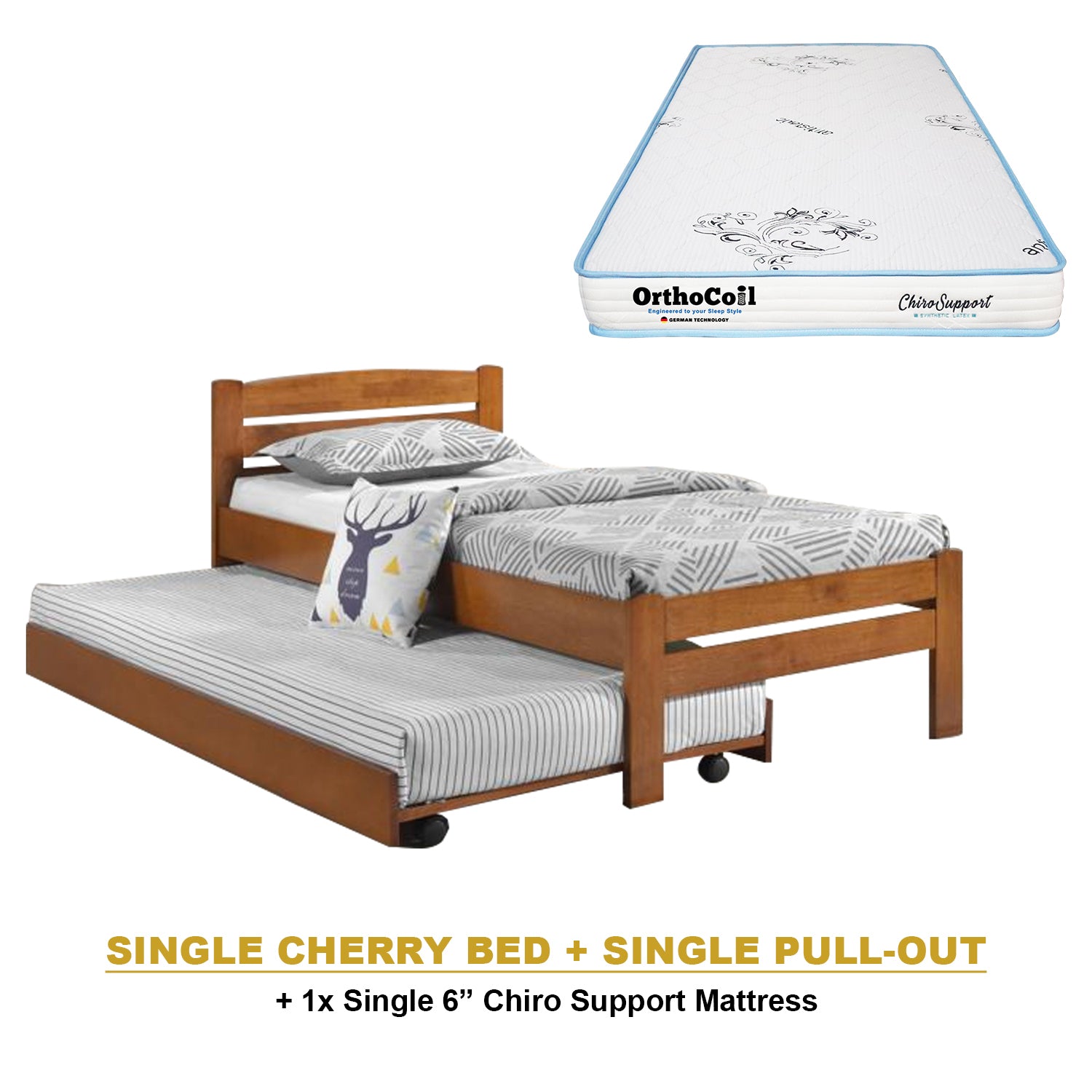 Margy Single Size Solid Rubberwood Bed Frame Flat Plywood Base with Pull-out Bed w/ Mattress Option