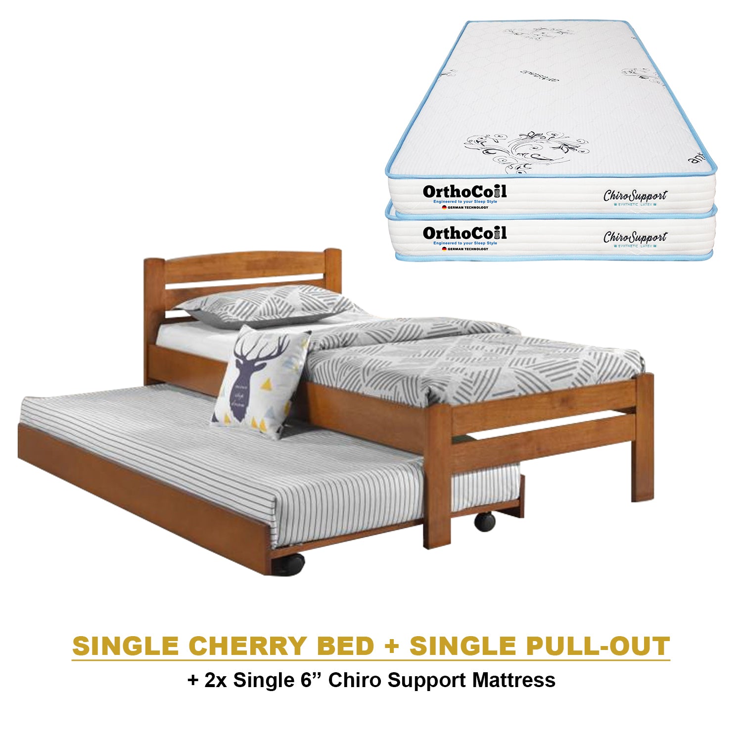 Margy Single Size Solid Rubberwood Bed Frame Flat Plywood Base with Pull-out Bed w/ Mattress Option