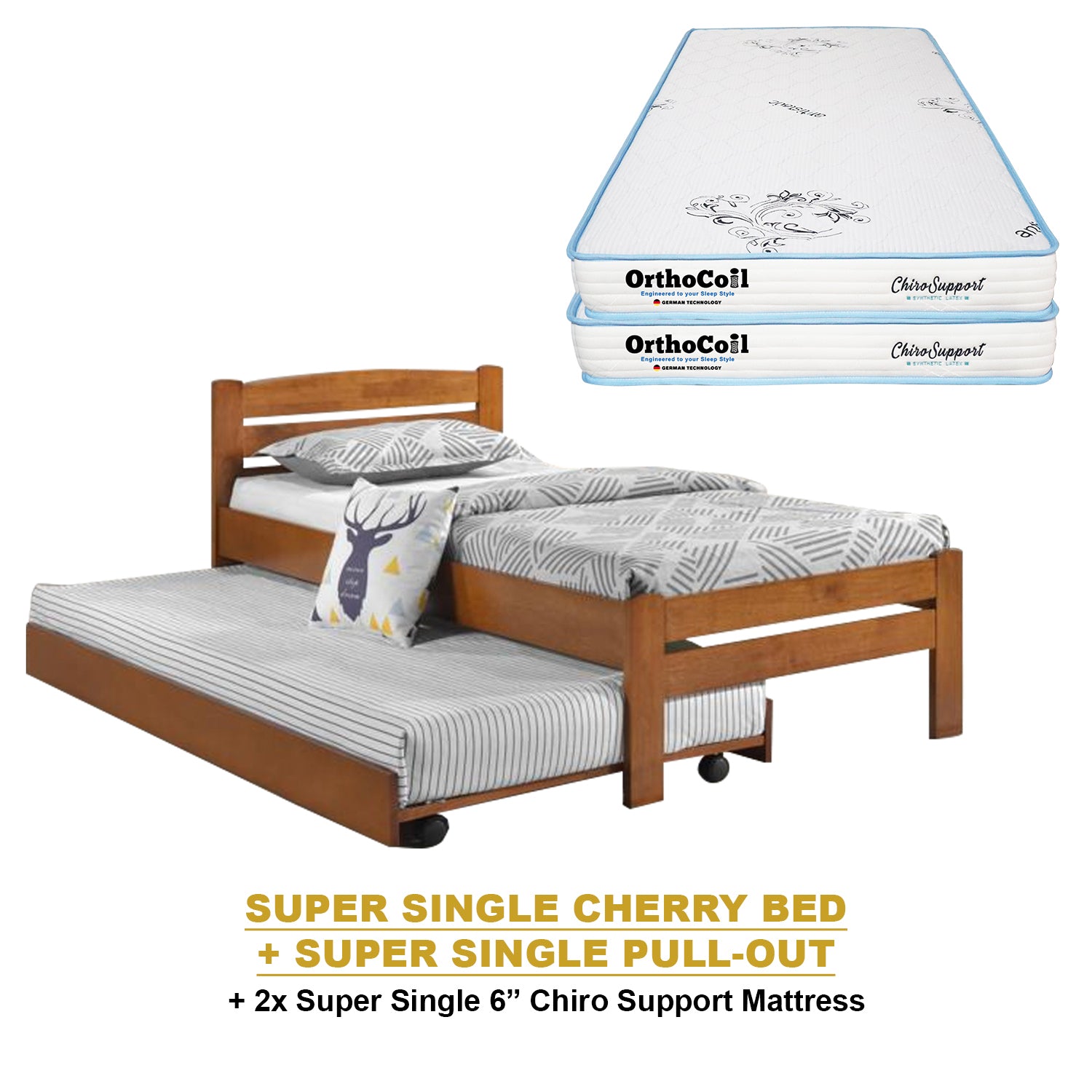 Margy Single Size Solid Rubberwood Bed Frame Flat Plywood Base with Pull-out Bed w/ Mattress Option