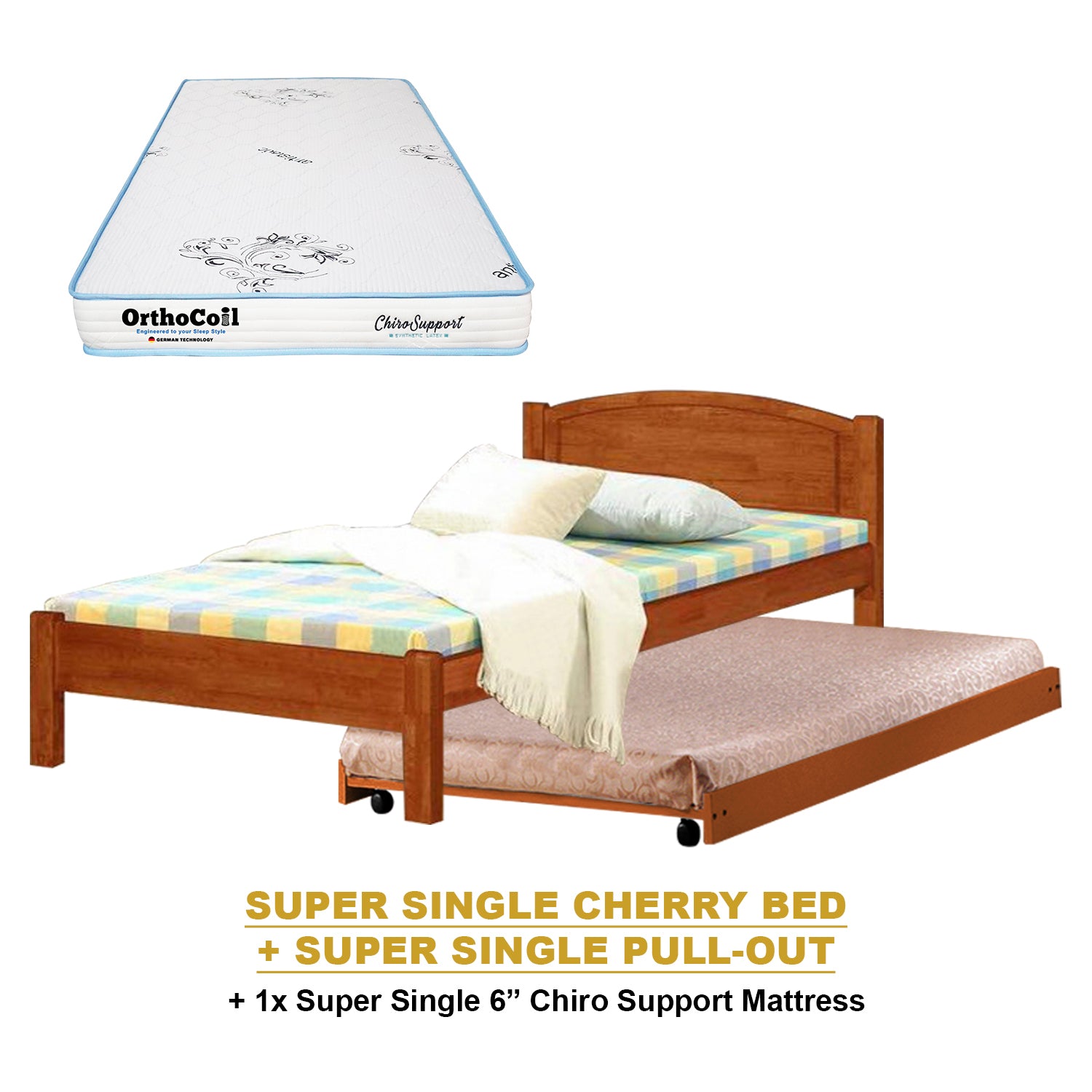 Yanny Pull-Out Bed Single, Super Single Solid Rubberwood Bed Frame w/ Mattress Option