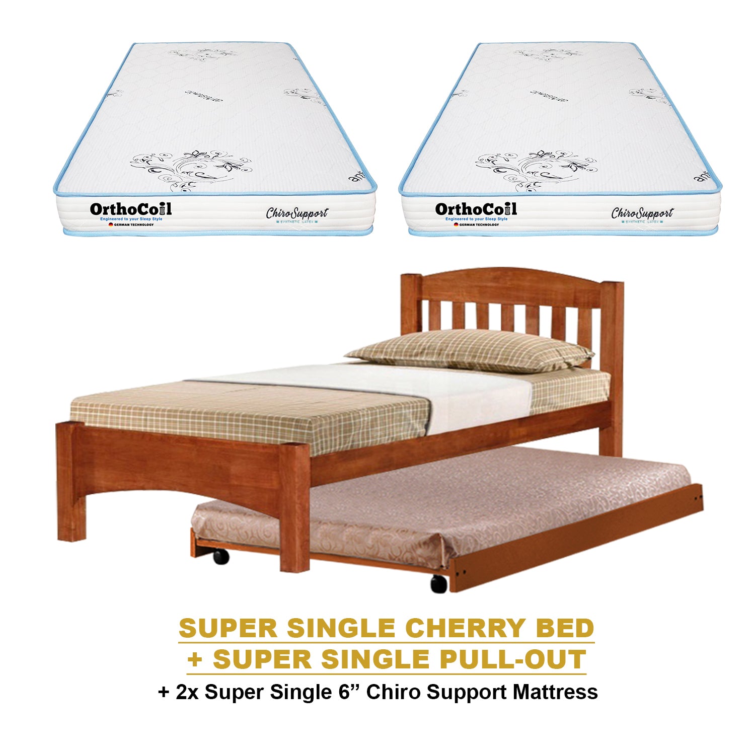 Zelan Pull-Out Bed Single, Super Single Solid Rubberwood Bed Frame w/ Mattress Option