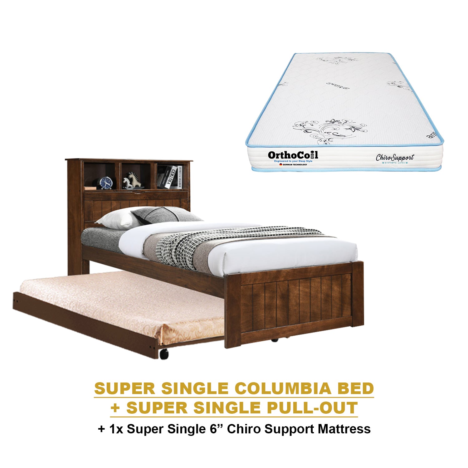 Maria Pull-Out Bed Single, Super Single Solid Rubberwood Bed Frame w/ Mattress Option