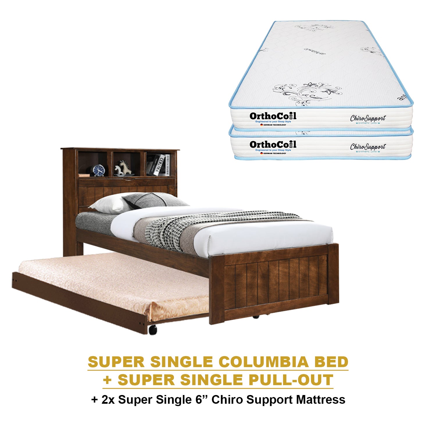 Maria Pull-Out Bed Single, Super Single Solid Rubberwood Bed Frame w/ Mattress Option