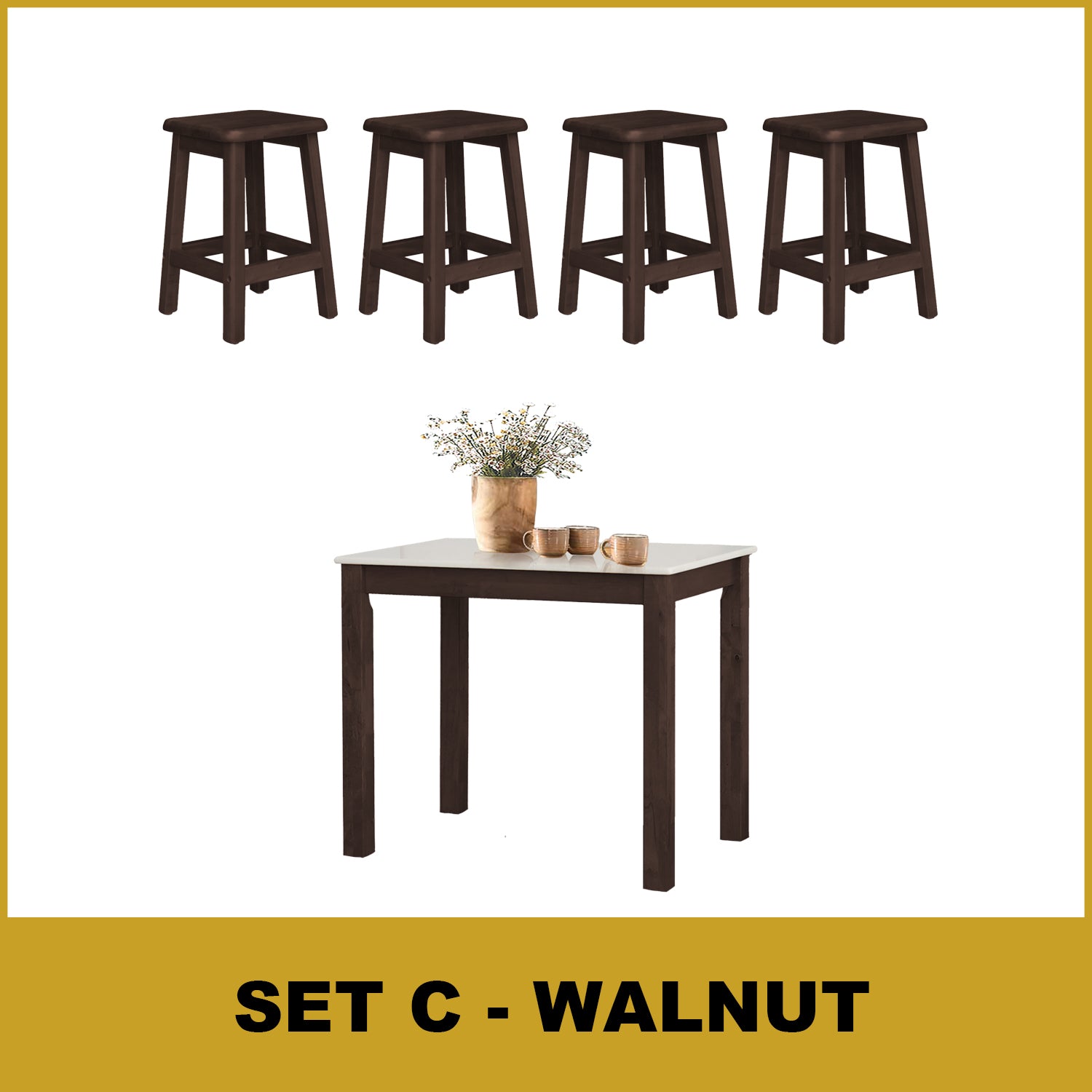 Lucas Dining Set w/ Table and Stools 1+4 in Solid Wood Natural Marble Top Cherry/Walnut
