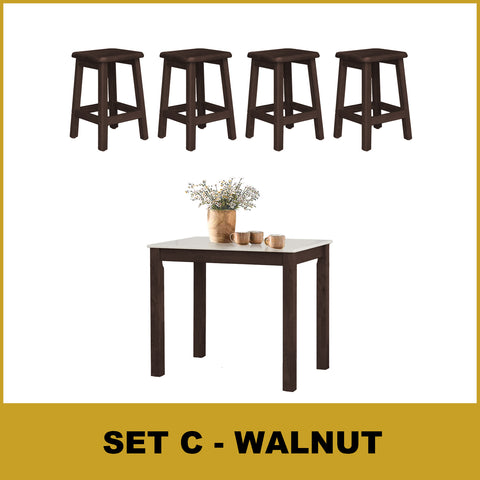 Image of Lucas Dining Set w/ Table and Stools 1+4 in Solid Wood Natural Marble Top Cherry/Walnut