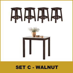 Lucas Dining Set w/ Table and Stools 1+4 in Solid Wood Natural Marble Top Cherry/Walnut
