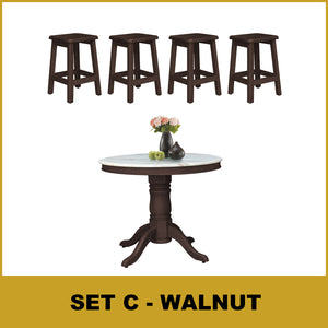 Mateo Dining Set Round Table & Stools 1+4 in Solid Wood Natural Marble Top Cherry/Walnut