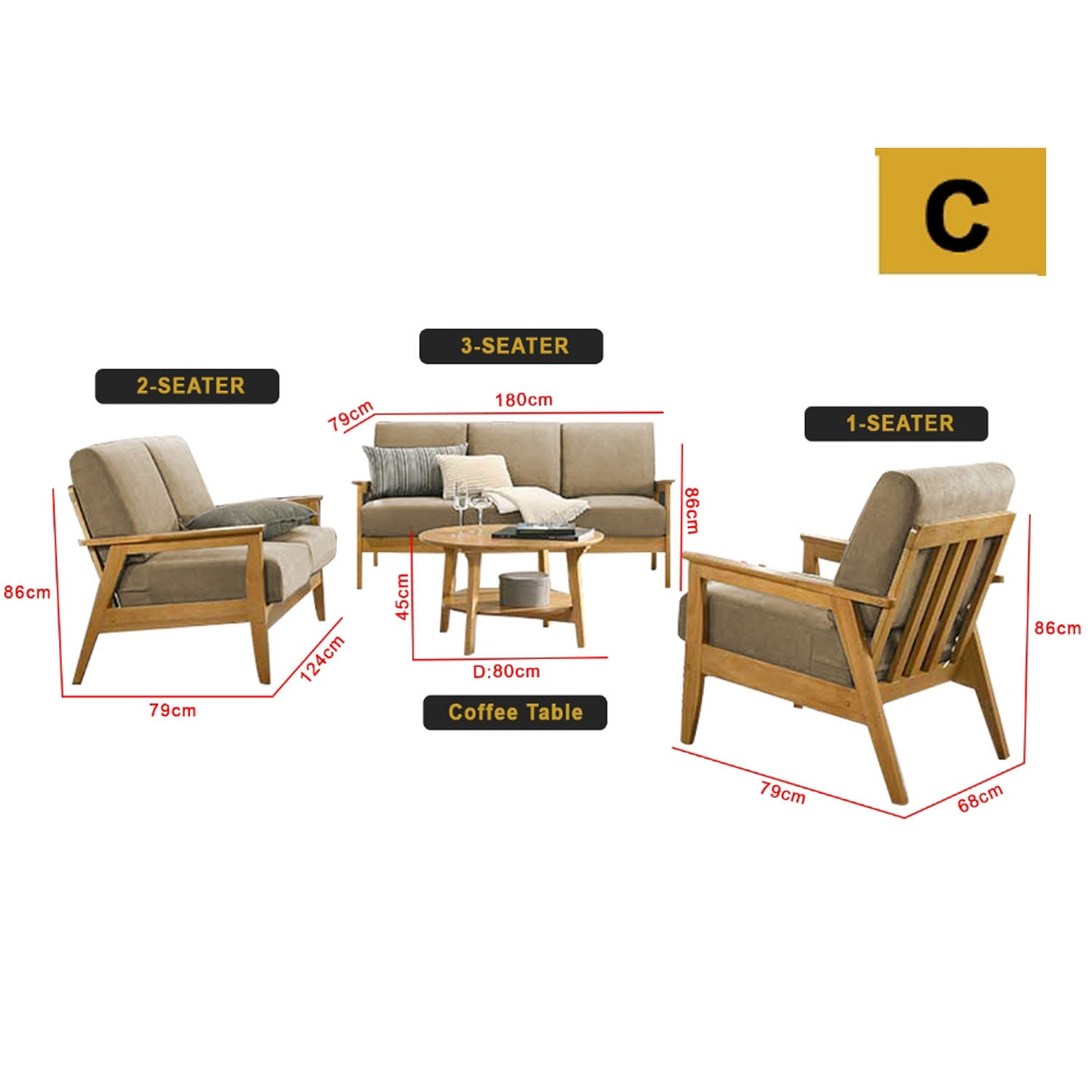 Frida Series 1,2,3 Seater Sofa Set Solid Wood Living Room Furnitures in Light Brown
