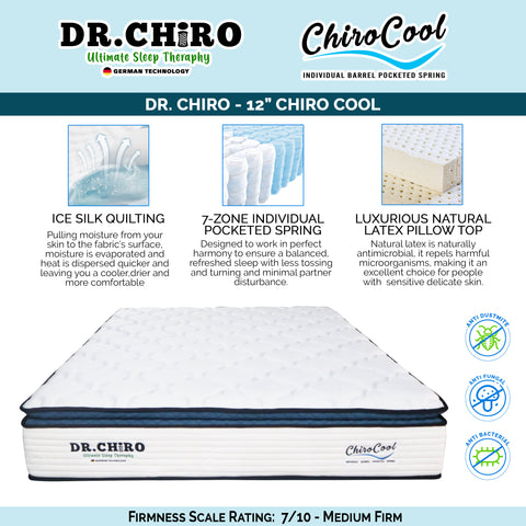 Image of DR Chiro CHIRO COOL 12" 7-Zone Pocketed Spring Mattress - Natural Latex and Ice Silk Cooling Fabric