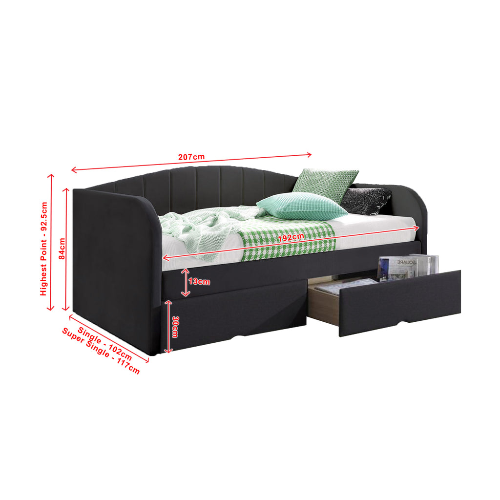 Korro Series Model D Daybed with Drawers - Pet-Friendly Option with Mattress - 56 Colours