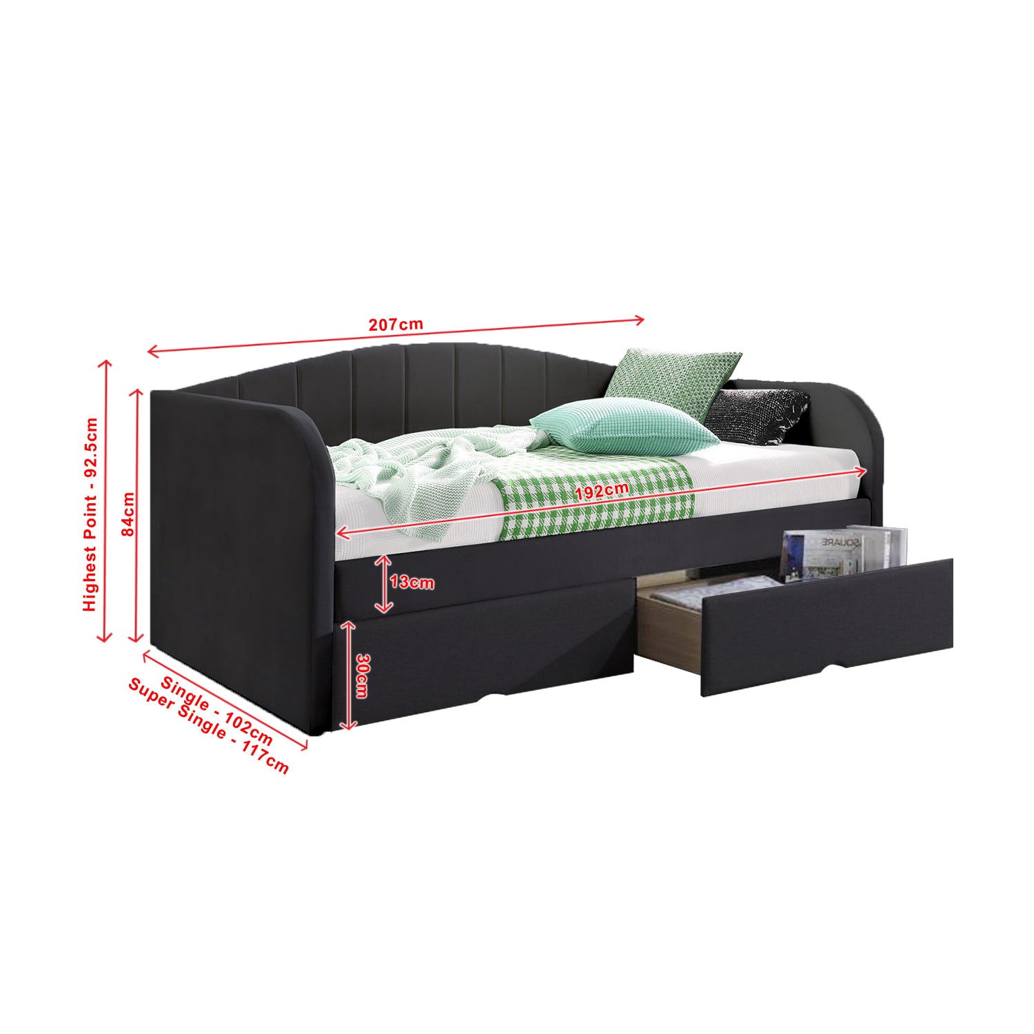 Korro Series Model D Daybed with Drawers - Pet-Friendly Option with Mattress - 56 Colours