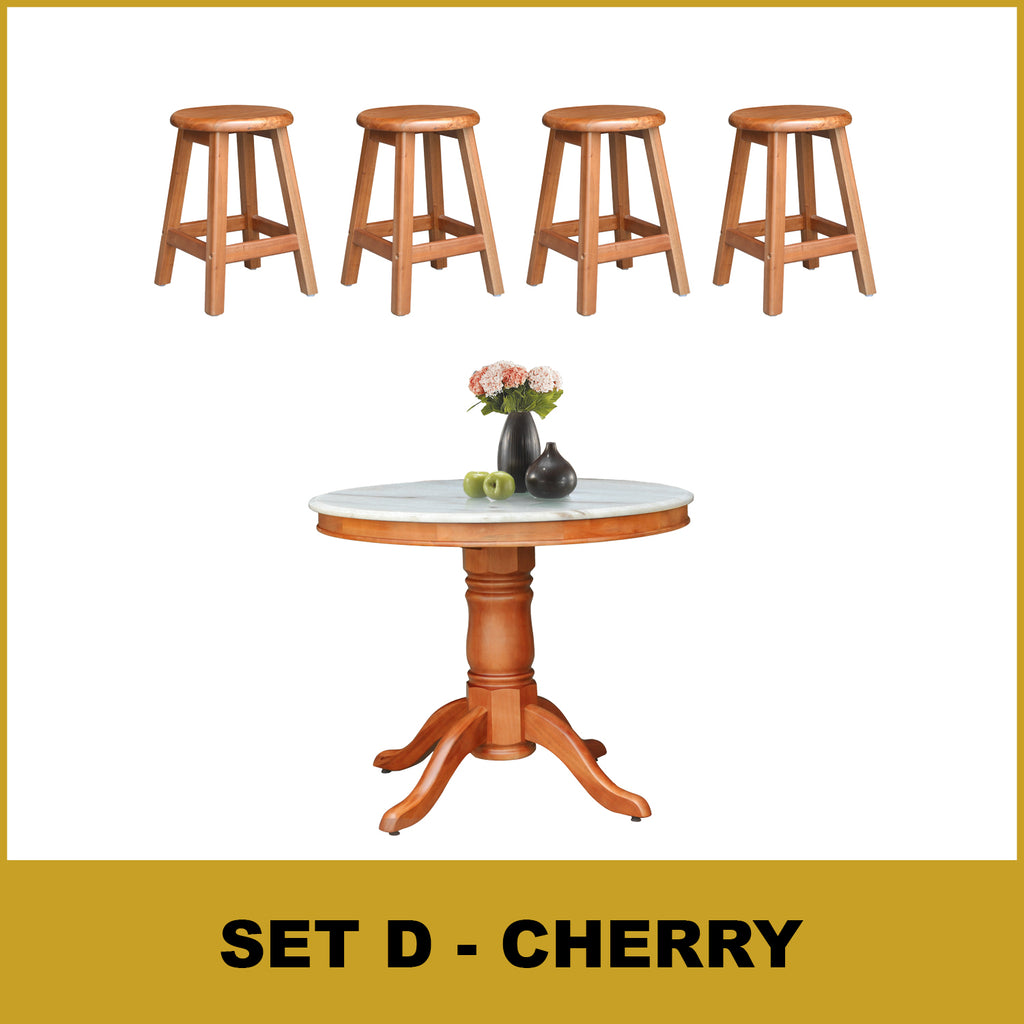 Mateo Dining Set Round Table & Stools 1+4 in Solid Wood Natural Marble Top Cherry/Walnut