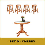 Mateo Dining Set Round Table & Stools 1+4 in Solid Wood Natural Marble Top Cherry/Walnut
