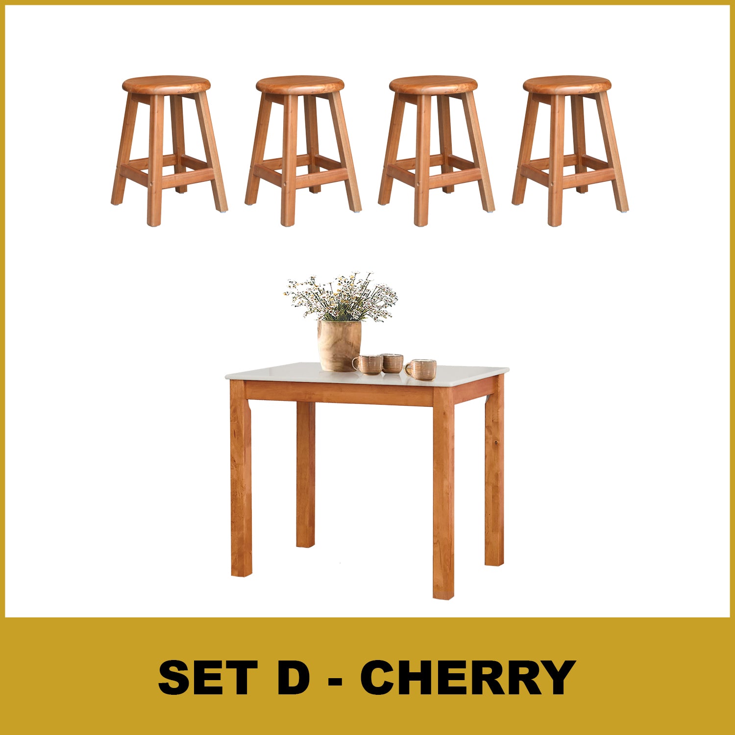 Lucas Dining Set w/ Table and Stools 1+4 in Solid Wood Natural Marble Top Cherry/Walnut