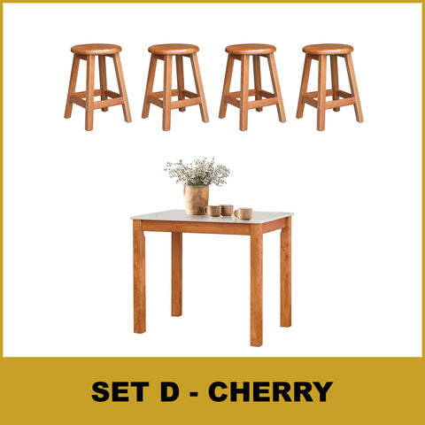 Image of Lucas Dining Set w/ Table and Stools 1+4 in Solid Wood Natural Marble Top Cherry/Walnut
