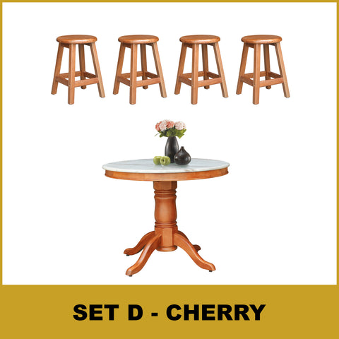Image of Mateo Dining Set Round Table & Stools 1+4 in Solid Wood Natural Marble Top Cherry/Walnut