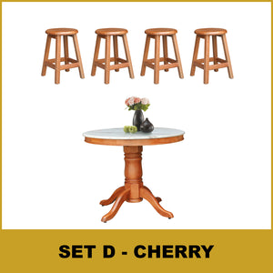 Mateo Dining Set Round Table & Stools 1+4 in Solid Wood Natural Marble Top Cherry/Walnut