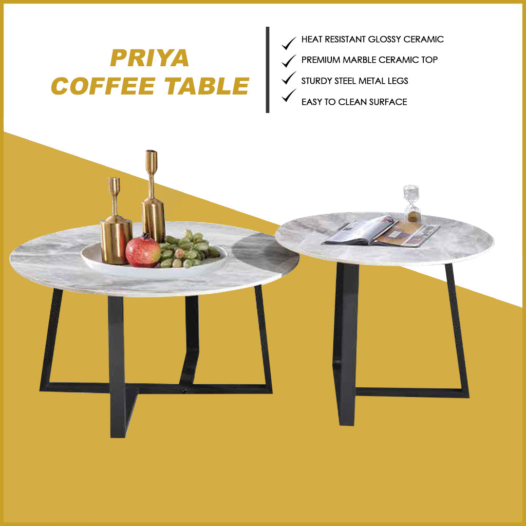 Priya 2-Piece Center Coffee Table Heat Resistant Glossy Ceramic Top