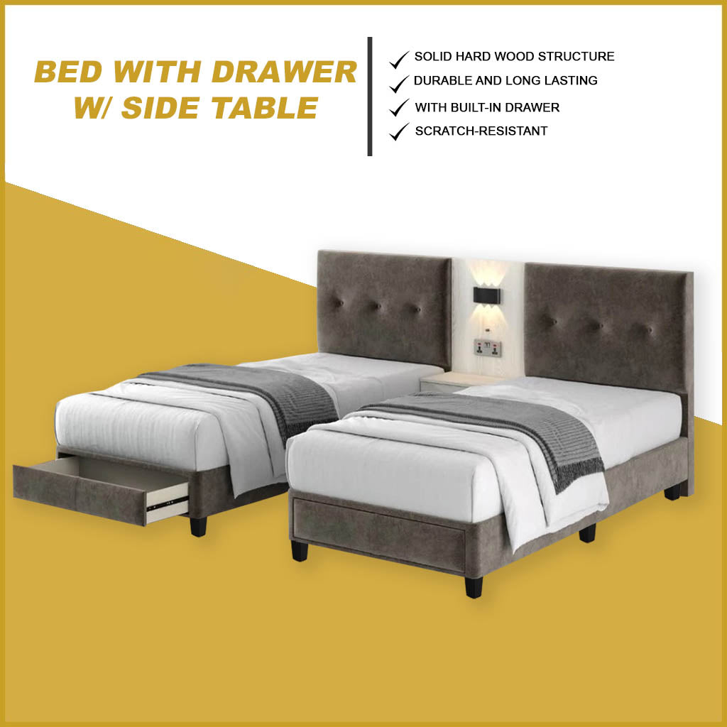 Taylor Twin Bed Frame with Drawer / Side Table  - PetFriendly Scratch-Resistant
