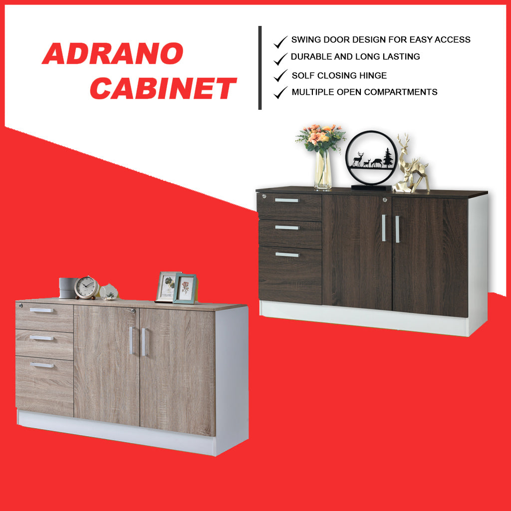 Adrano Sideboard Cabinet Storage Furniture With 3 Drawers 2 Doors with Soft Closing Hinges.