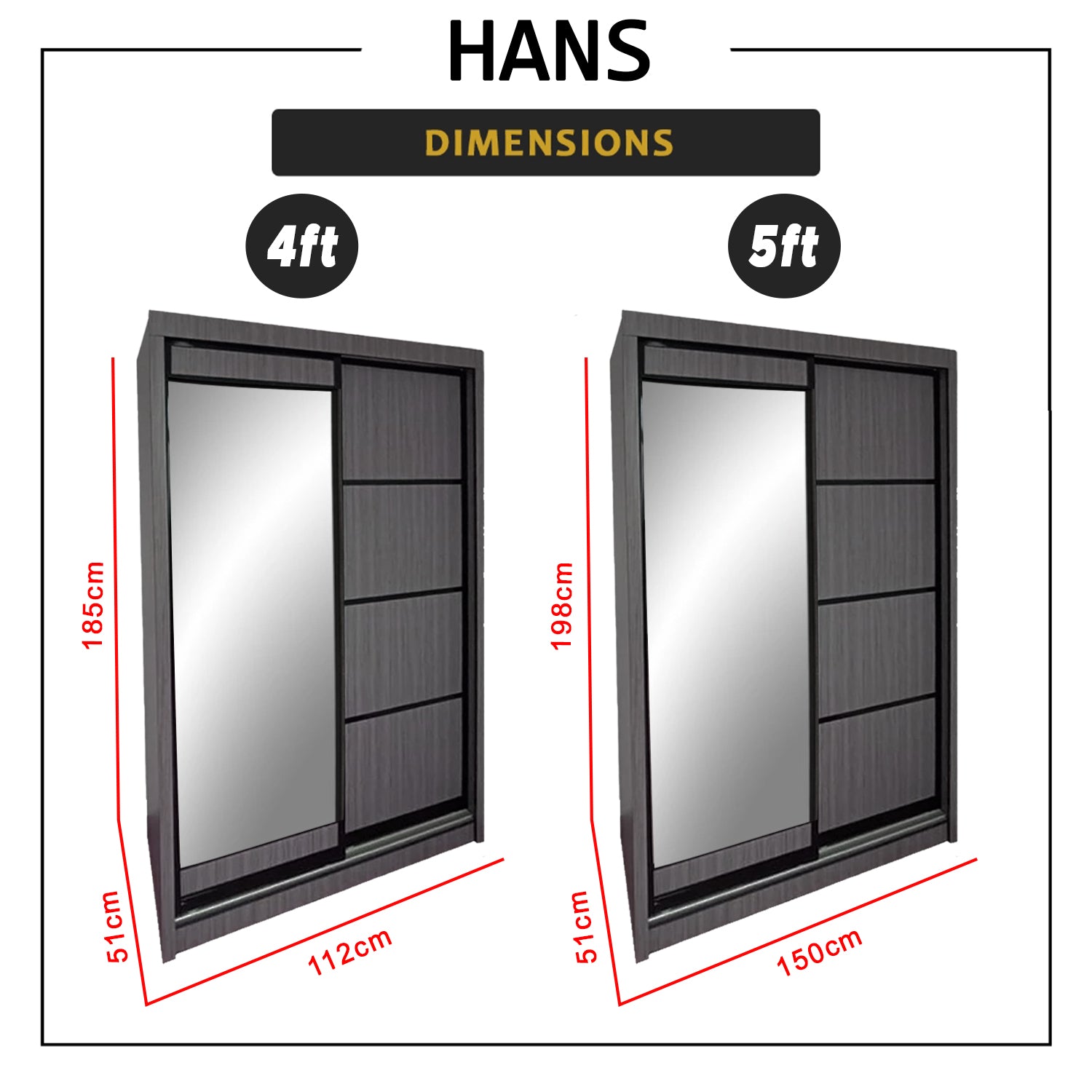 Hans Series 4FT/5FT 2-Door Sliding Door Wardrobe in White Wash or Black