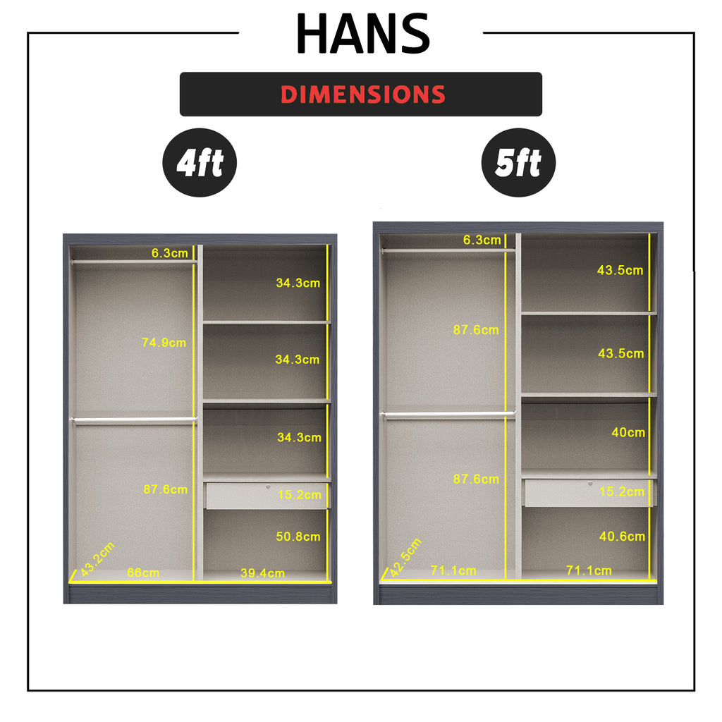 Hans Series 4FT/5FT 2-Door Sliding Door Wardrobe in White Wash or Black