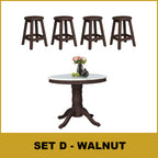 Mateo Dining Set Round Table & Stools 1+4 in Solid Wood Natural Marble Top Cherry/Walnut