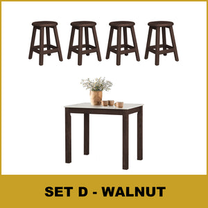 Lucas Dining Set w/ Table and Stools 1+4 in Solid Wood Natural Marble Top Cherry/Walnut
