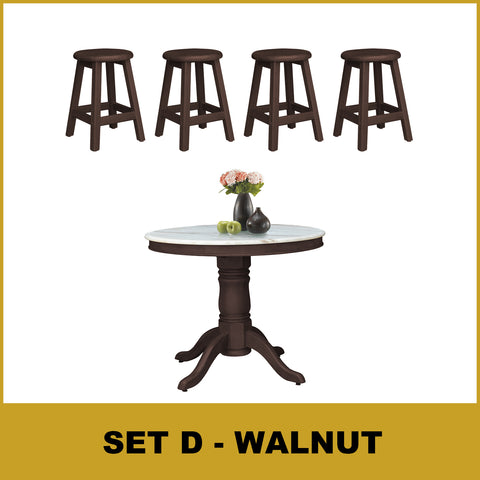 Image of Mateo Dining Set Round Table & Stools 1+4 in Solid Wood Natural Marble Top Cherry/Walnut