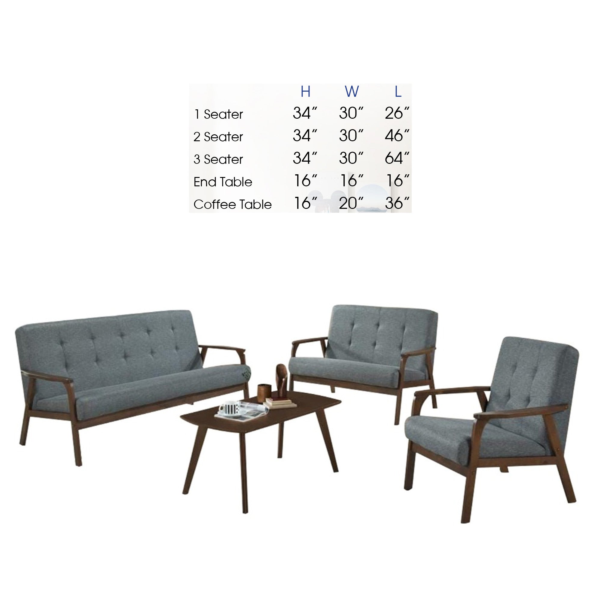 Jawee Living Room Set 5 Wooden Sofa Set Removable Fabric Covers with Coffee Table