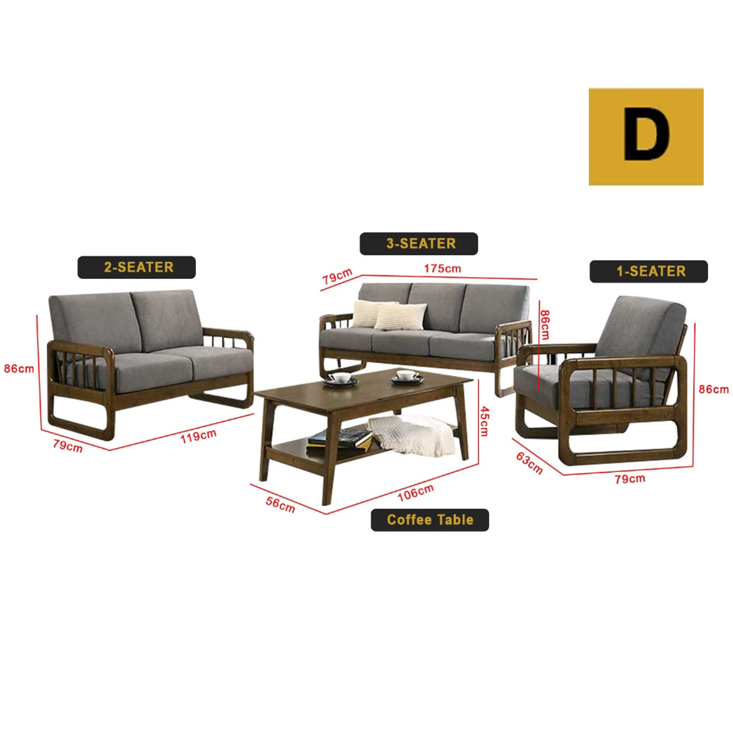 Frida Series 1,2,3 Seater Sofa Set Solid Wood Living Room Furnitures in Grey