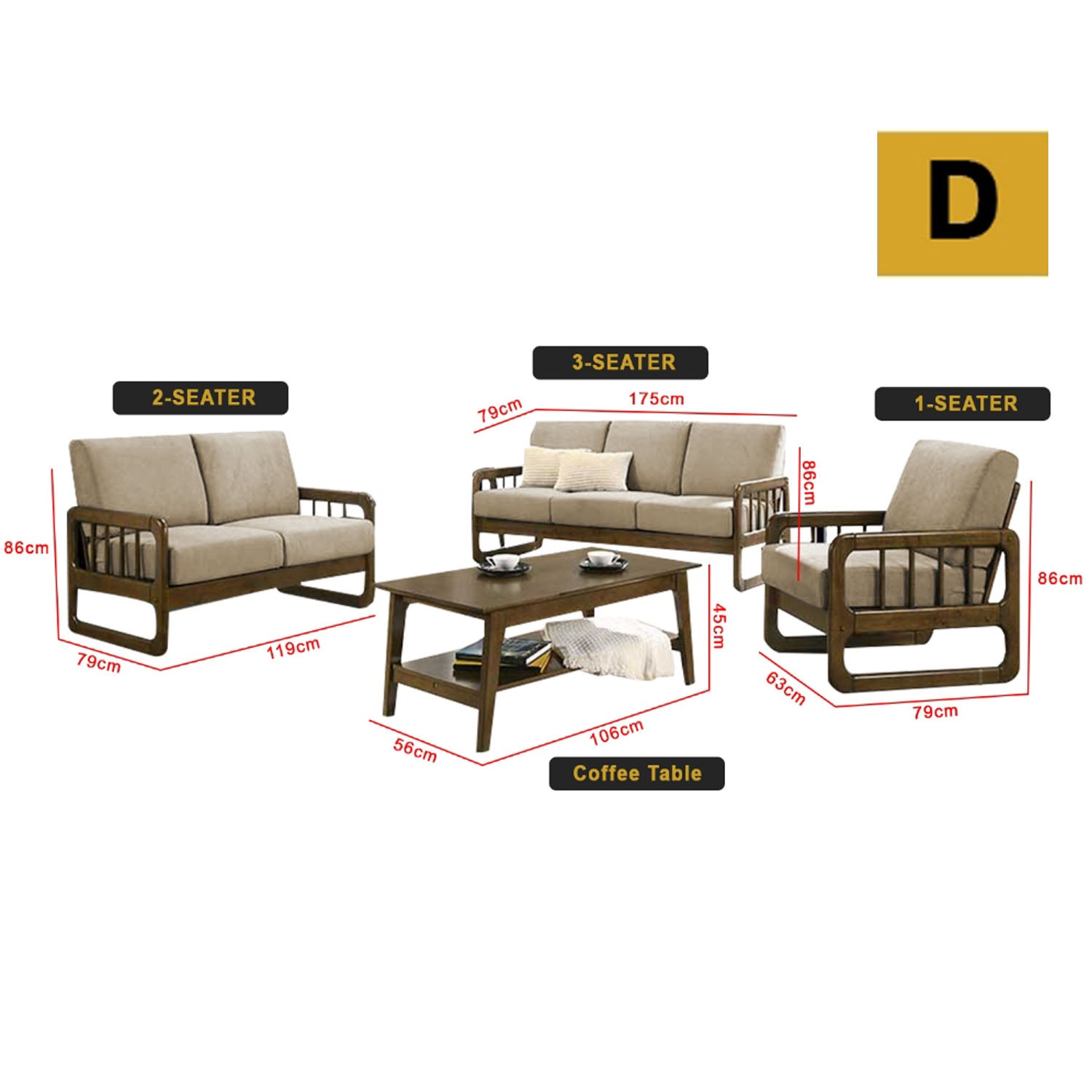 Frida Series 1,2,3 Seater Sofa Set Solid Wood Living Room Furnitures in Light Brown