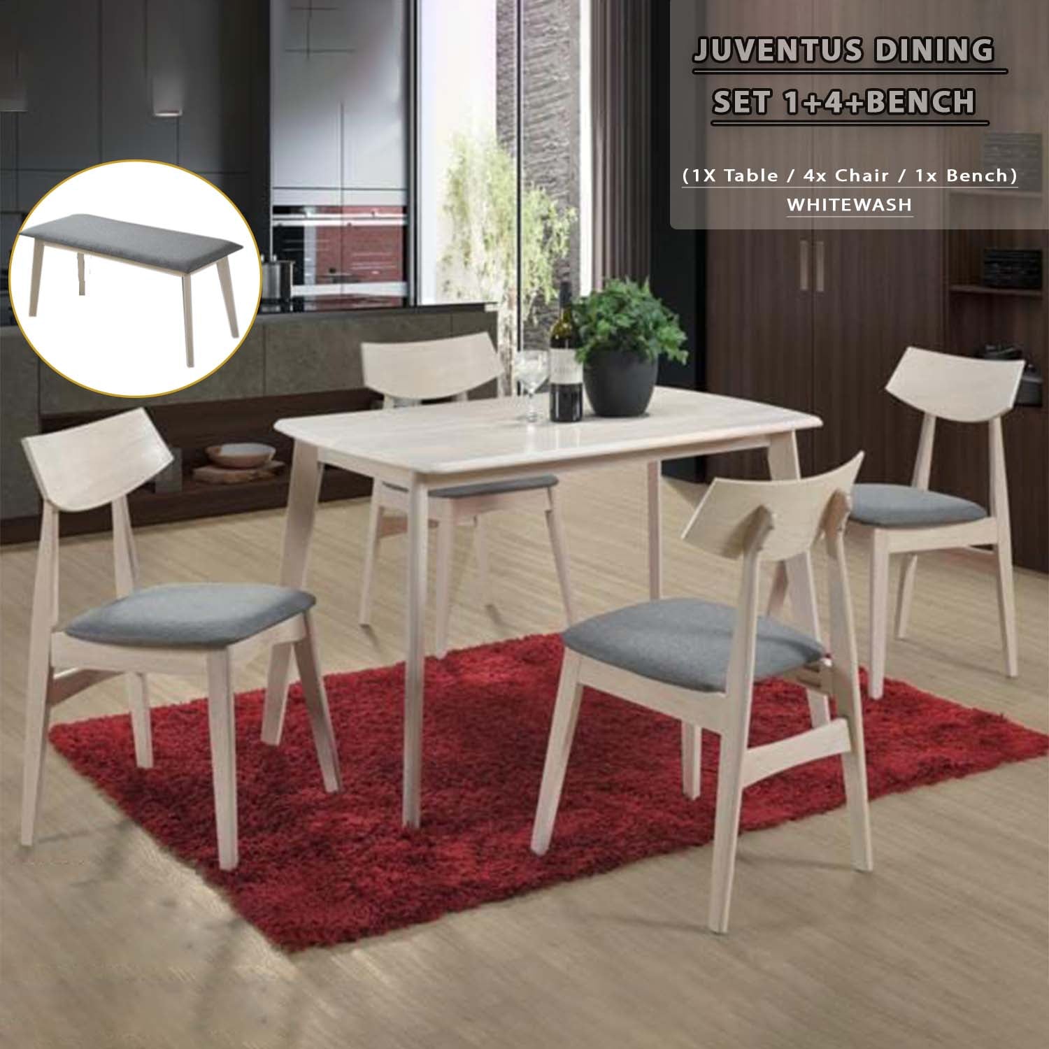 Juventus Dining Set Table with Chair & Bench in Natural Whitewash & Walnut Color