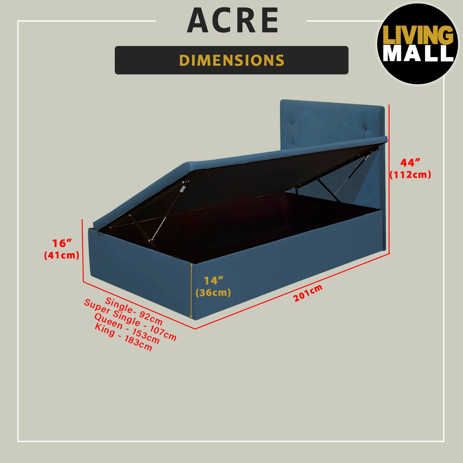 Acre 16" SBD Lift Up Storage Bed Base Bedframe - Pet-Friendly Option / Mattress Option