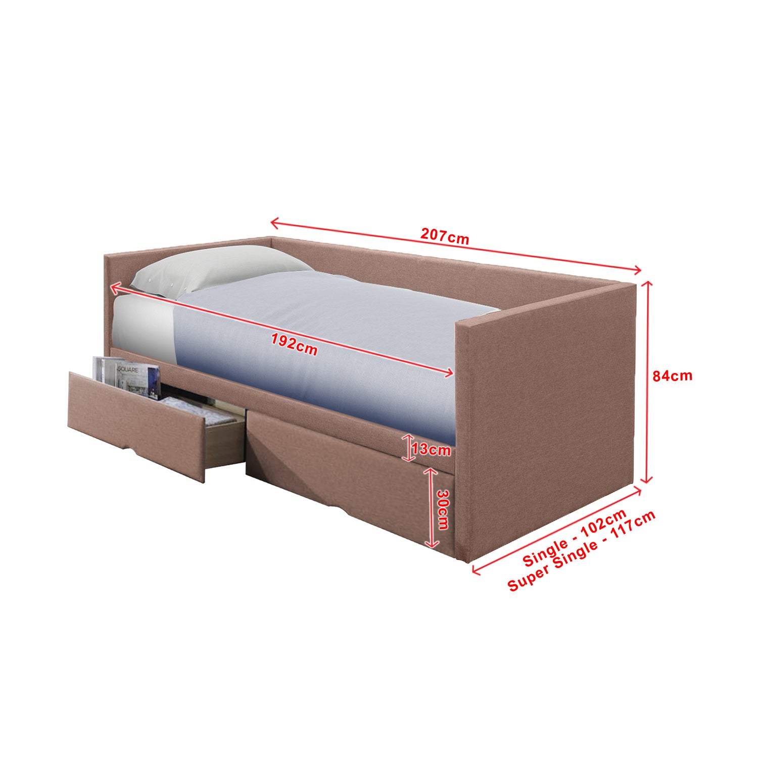 Korro Series Model E Daybed with Drawers - Pet-Friendly Option with Mattress - 56 Colours