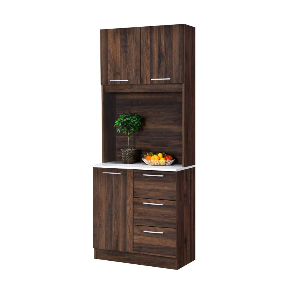 Hallie Series Modular Kitchen Cabinet Melamine Panel Top with Hanging Cabinet in Brown & Natural Color.